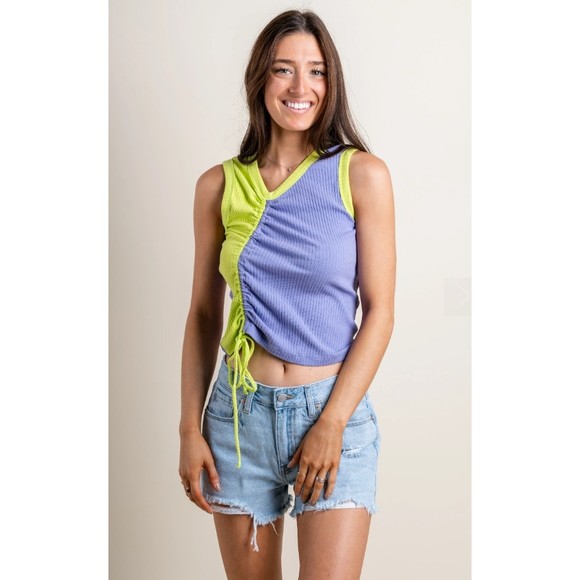 DayDreamer XS Ruched Colorblock Tank Top Purple Mist Ribbed V-Neck Cotton New - Picture 1 of 13